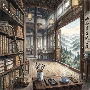 《幽谷書香映古弦》（Echoes of Wisdom in the Silent Valley）