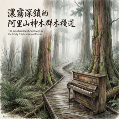 《濃霧深鎖的阿里山神木群木棧道》（The Wooden Boardwalk Deep in the Misty Alishan Sacred Forest）